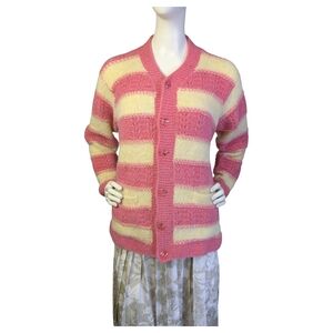 Vintage Handmade Pink Stripe Knit Cardigan | Cottagecore Coquette | Fits M/L
